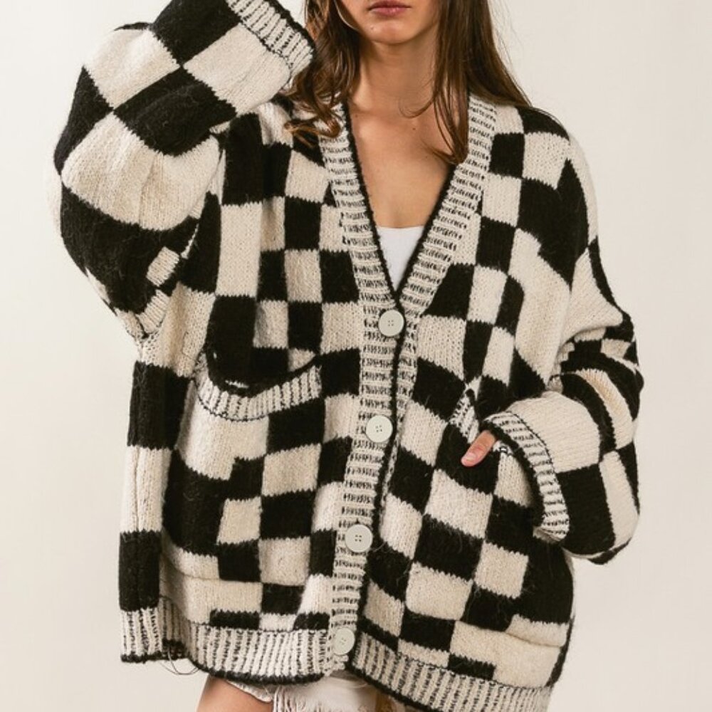 Women's Wool Blend Oversized Checkered Cardi Sweater